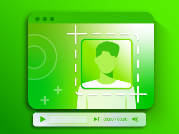 Illustration of a video editing interface showing a profile of a person being framed for cropping, with a media player control bar at the bottom.