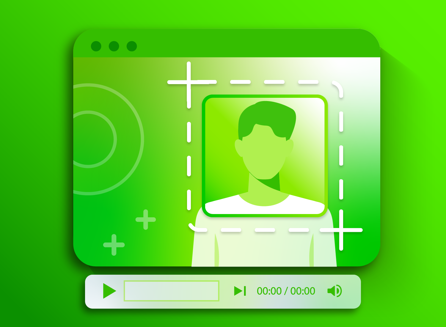 Illustration of a video editing interface showing a profile of a person being framed for cropping, with a media player control bar at the bottom.