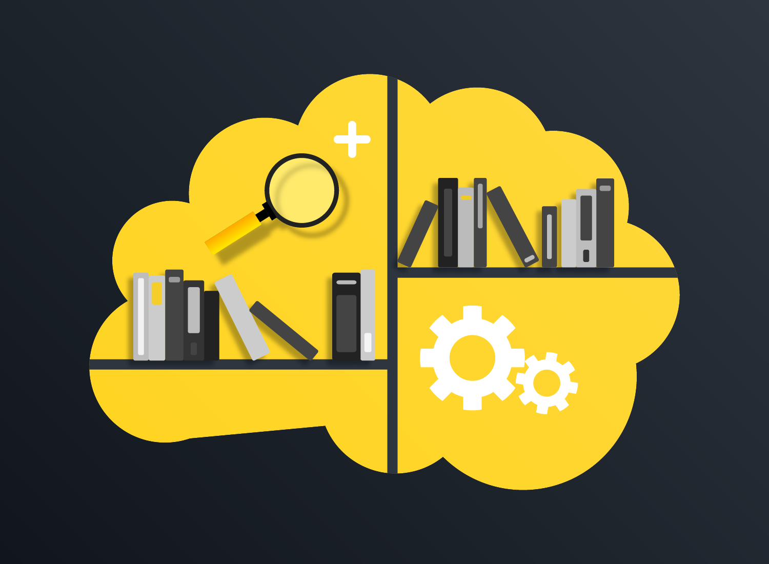 knowledge centered support icon containing books, gears, and a magnifying glass