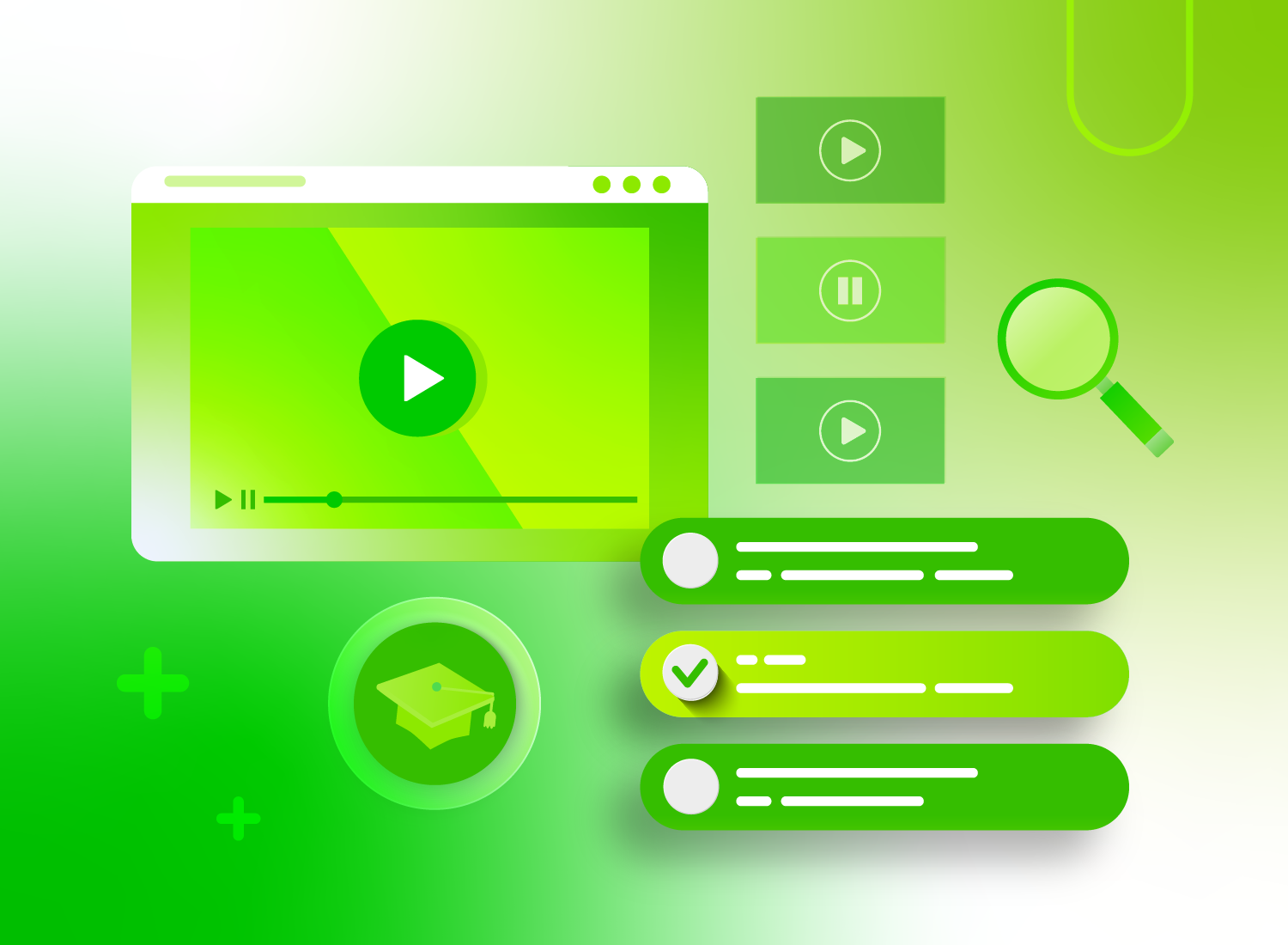 Green graphics of play buttons, magnifying glass and graduation hat