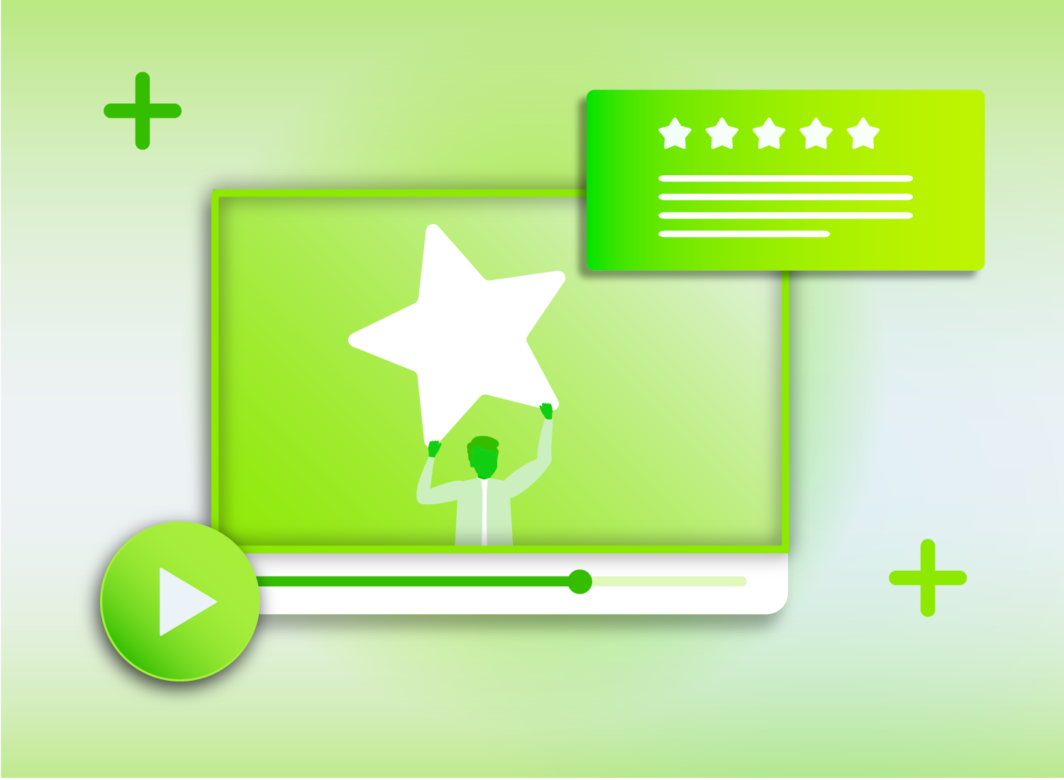 Green graphic showing a video player with a star rating and a figure holding a star.