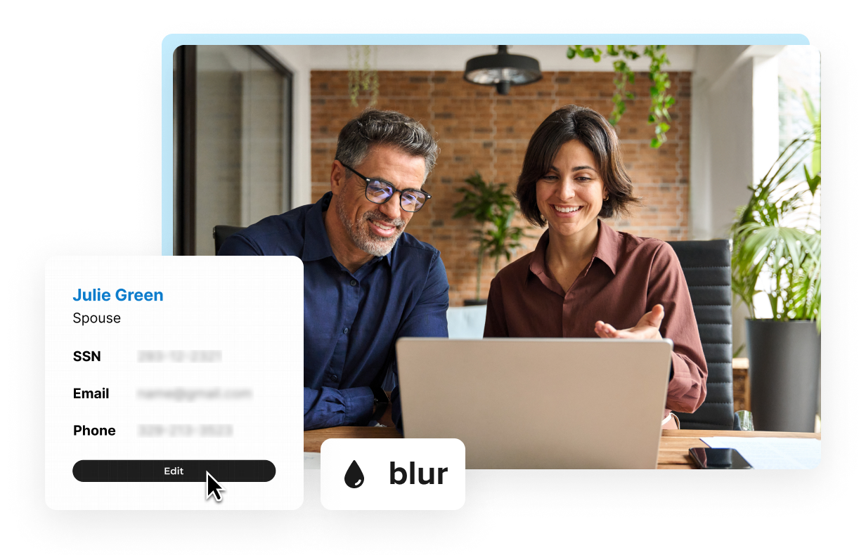 Screenshot of two people looking at a laptop, with personal information such as SSN. Email, and Phone blurred out using the blur tool