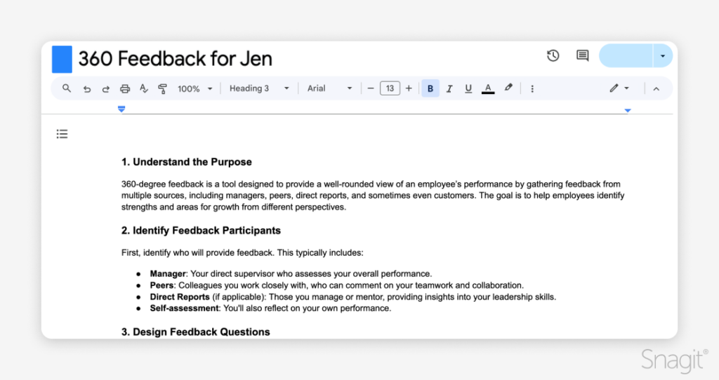 A document titled '360 Feedback for Jen' discussing the purpose and participants involved in a 360-degree feedback process.

