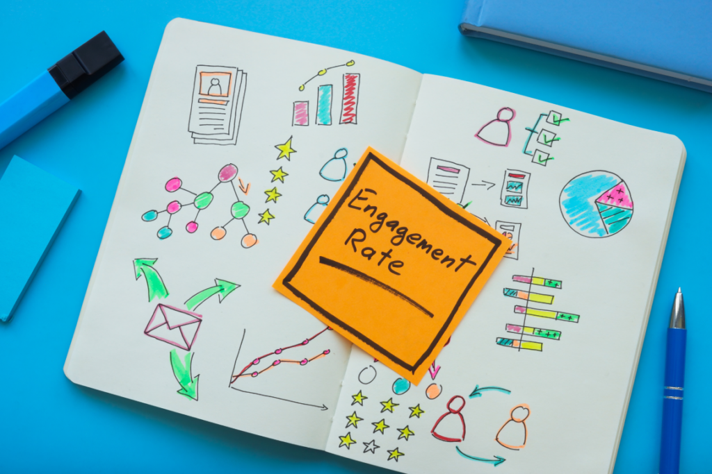 An open sketchbook with colorful doodle drawings of business  graphs. An orange note that says 'Engagement Rate' is laying on top of the notebook.