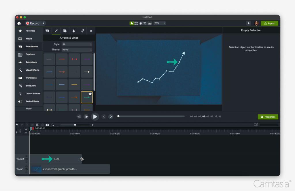 Camtasia video editing software interface with a graph and arrow in the preview area.