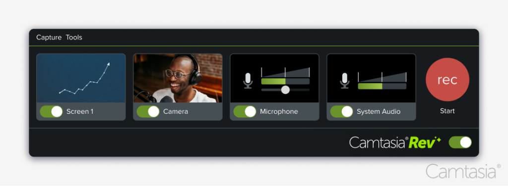 Screenshot of Snagit's software interface showing options for recording screen, camera, microphone, and system audio.