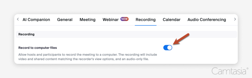 Zoom interface showing a menu bar with the 'Recording' tab selected. A blue toggle switch labeled 'Record to computer files' is turned on.