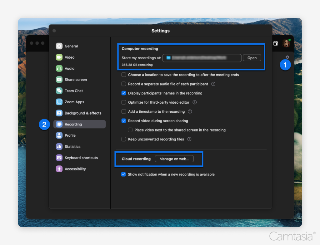 Screenshot of Zoom settings window focused on recording options with highlighted sections for computer and cloud recording.