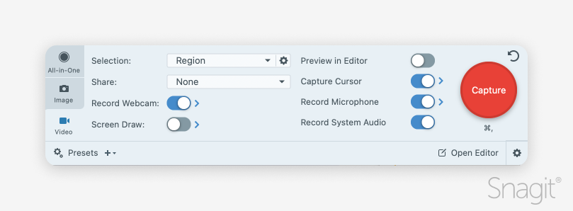 Snagit's screen recording interface with a red capture button and video settings.