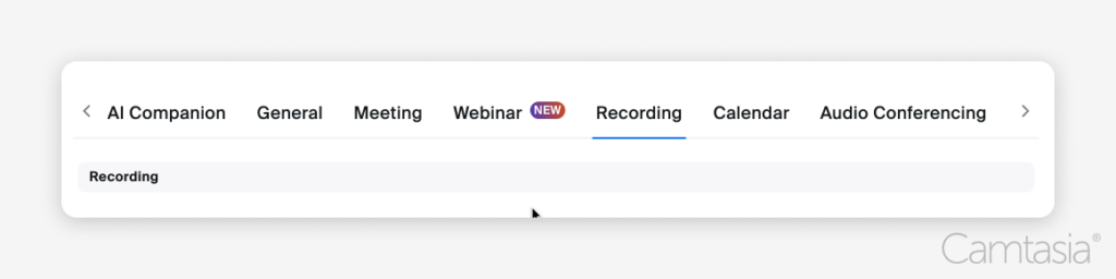 Zoom navigation menu with tabs: AI Companion, General, Meeting, Webinar, Recording, Calendar, Audio Conferencing. 'Recording' tab is selected.

