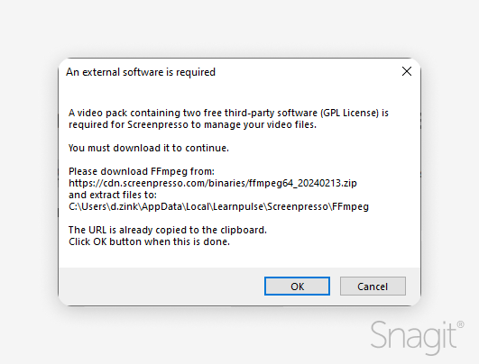 Screenshot of error window stating internal software is required 