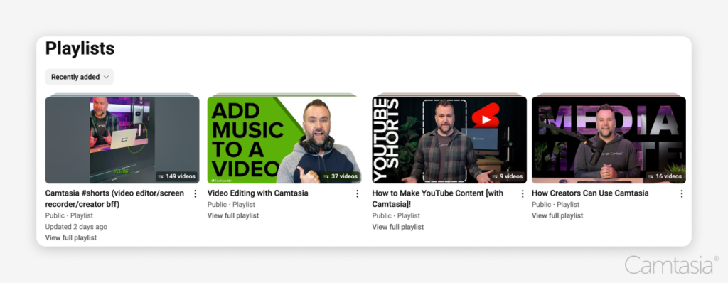 View of four topical playlists on YouTube