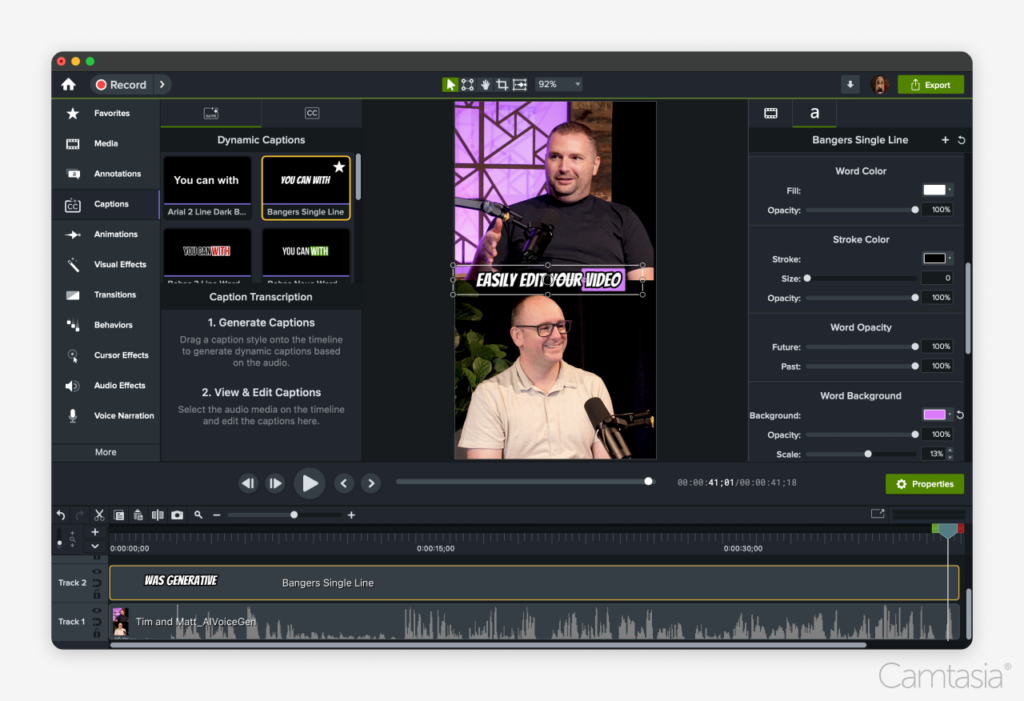 Camtasia screenshot with a vertical video on the workspace