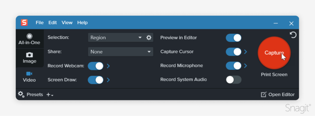 Screenshot of Snagit's video recording settings