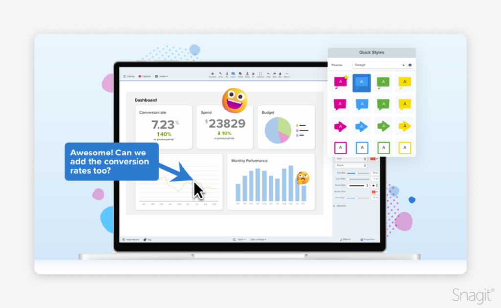 Laptop screen with the Snagit dashboard showing conversion rates and graphs, alongside a Quick Styles panel.