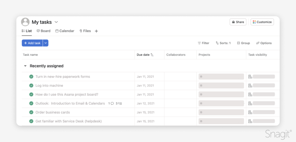 Tasks within a project management tool.