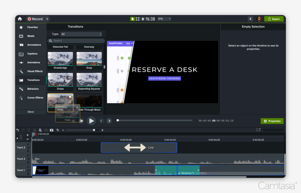 Camtasia interface with a video for workplace communication.