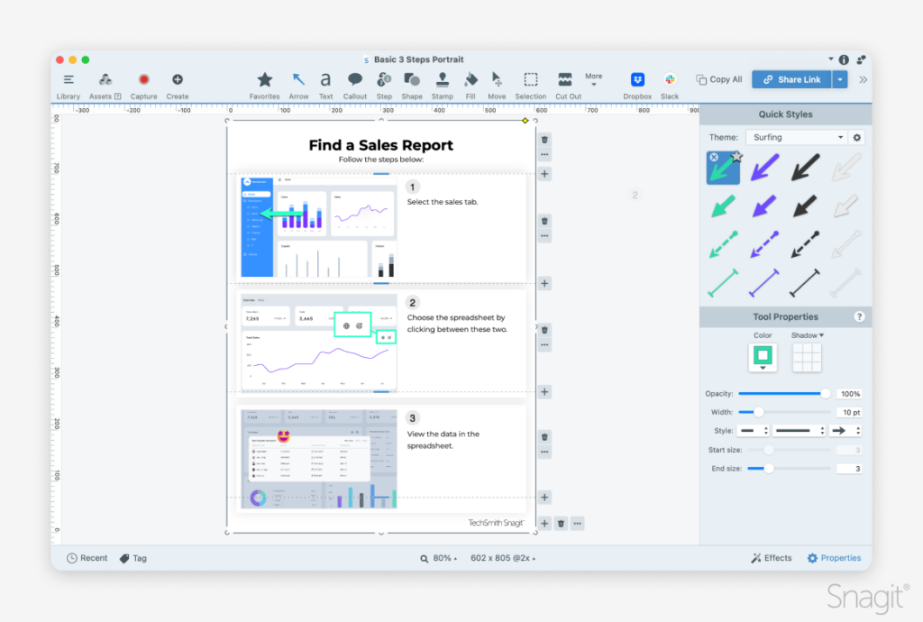 Screenshot of Snagit with a step by step guide of how to find a sales report.