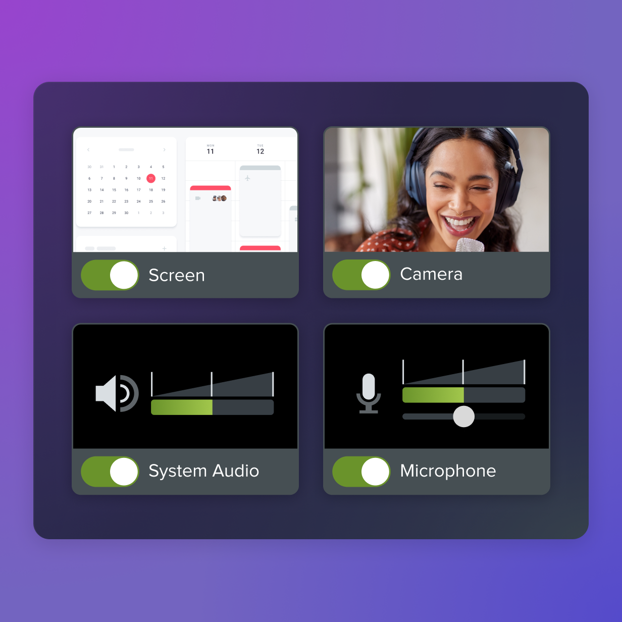 Screen recording options showing toggles for capturing screen, camera, system audio, and microphone, with visual indicators for audio levels and user-friendly interface.