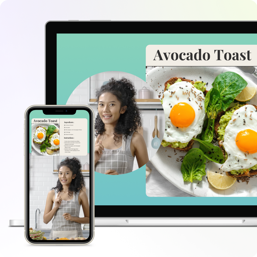 An image of a phone and laptop both showing variation of a cooking videos in both device sizes