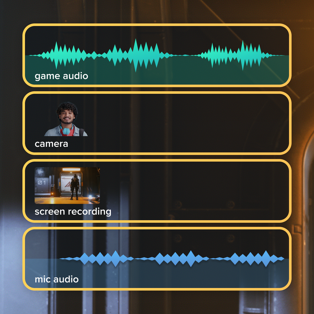 Show image of Screen, camera, microphone and system audio as separate tracks in Camtasia.