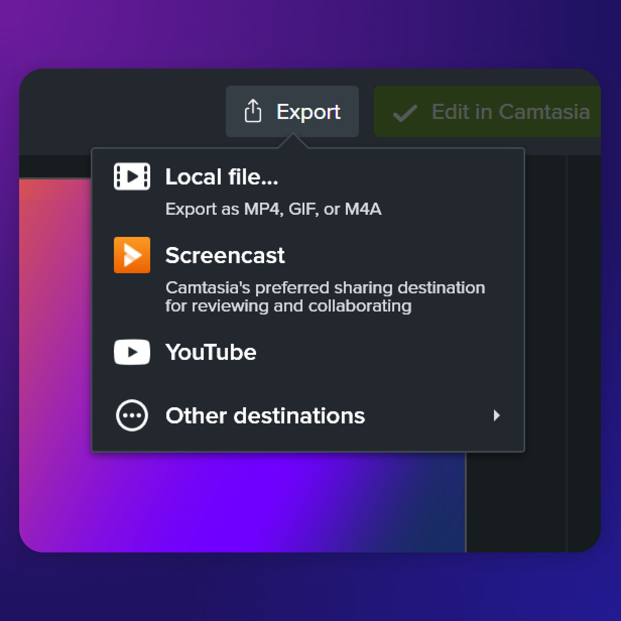 exporting options in camtasia