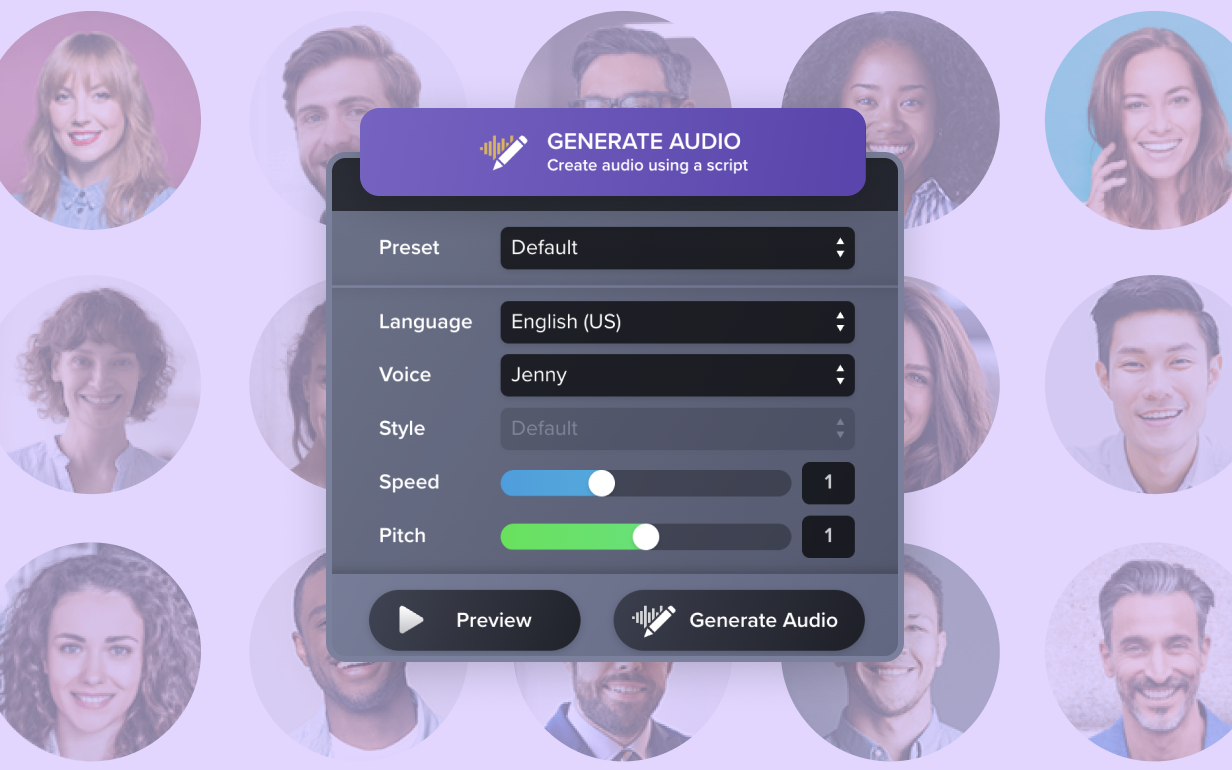 The Camtasia Audiate 'Generate Audio' interface over a background of 15 people of varying genders and races.