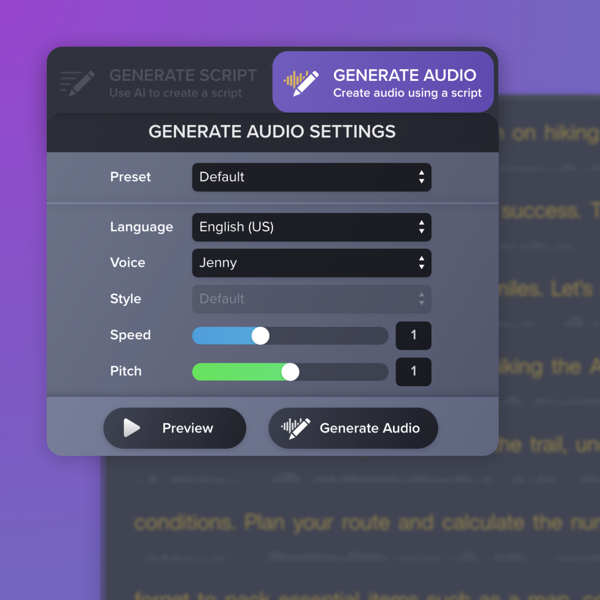 Audiate's generate audio button and options