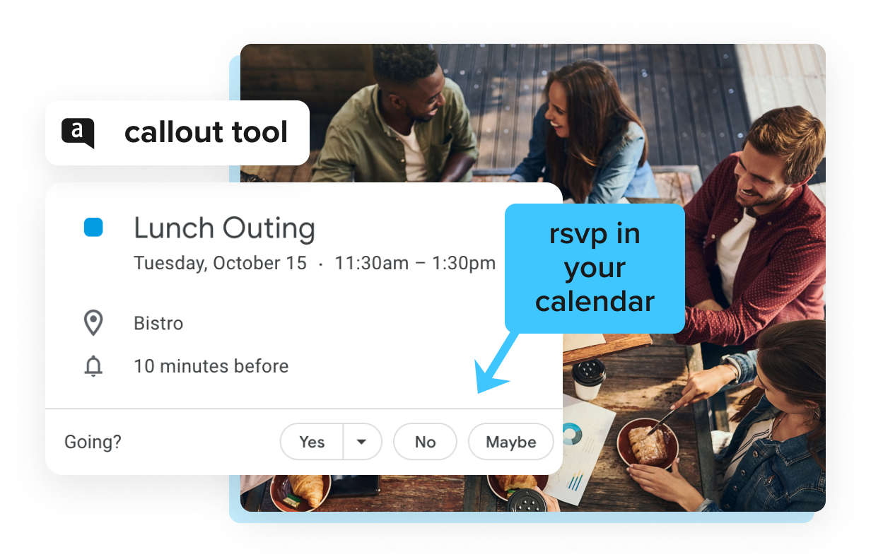 Screenshot with a callout box highlighting a calendar event titled "Lunch Outing" with the caption "rsvp in your calendar"