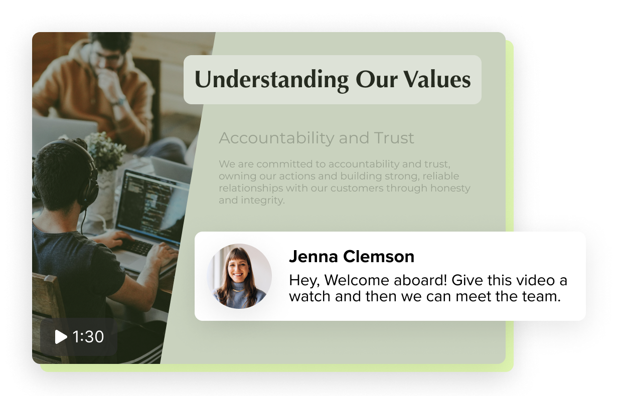 Screenshot of an Onboarding video titled "Understanding our Values" with a highlighed comment by "Jenna Clemson" which reads "Hey, Welcome aboard! Give this video a watch and then we can meet the team."