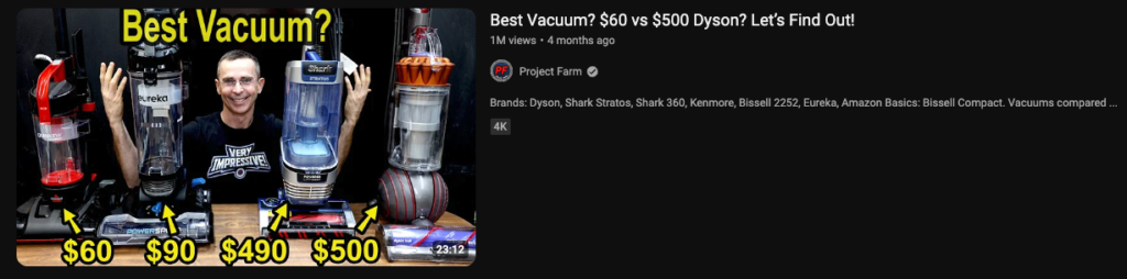 YouTube thumbnail from Project Farm titled 'Best Vacuum? $60 vs $500 Dyson' showing various vacuum brands and their prices.