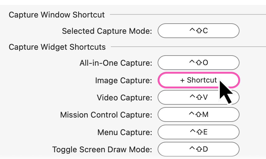 Keyboard shortcut settings in Snagit for Mac