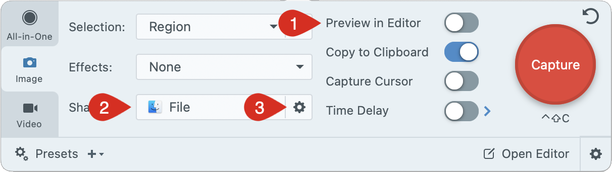 Ajustes de captura de Snagit Mac para guardar la captura como archivo y no abrir el editor