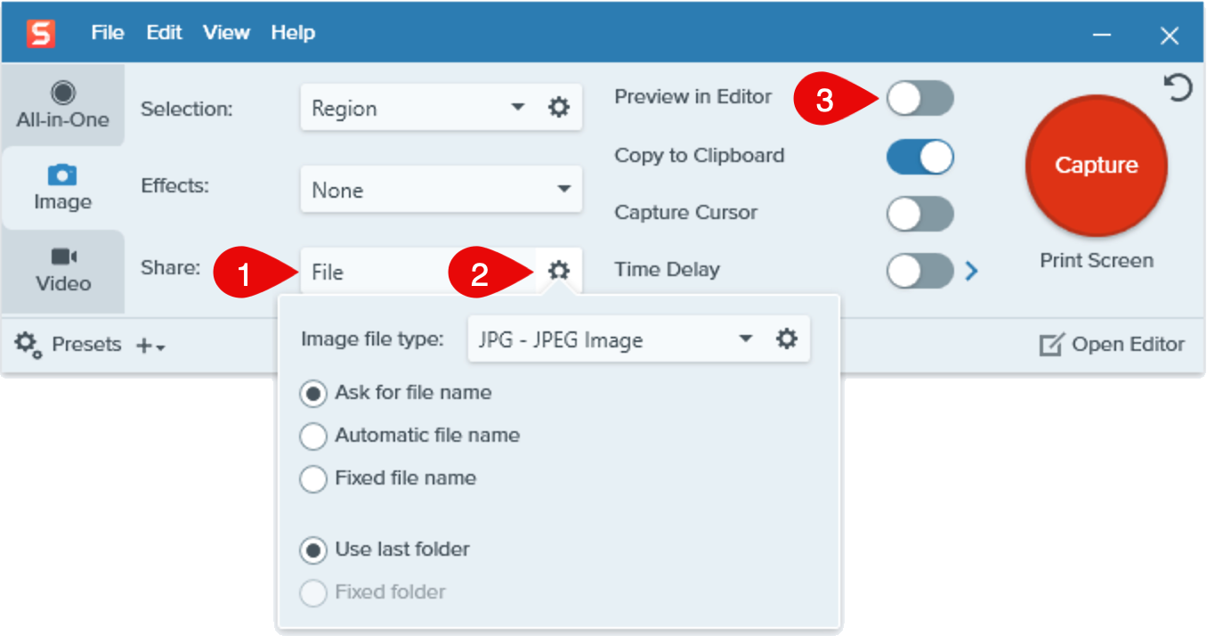 Ajustes en Windows para guardar una captura como JPG y no abrir Snagit Editor