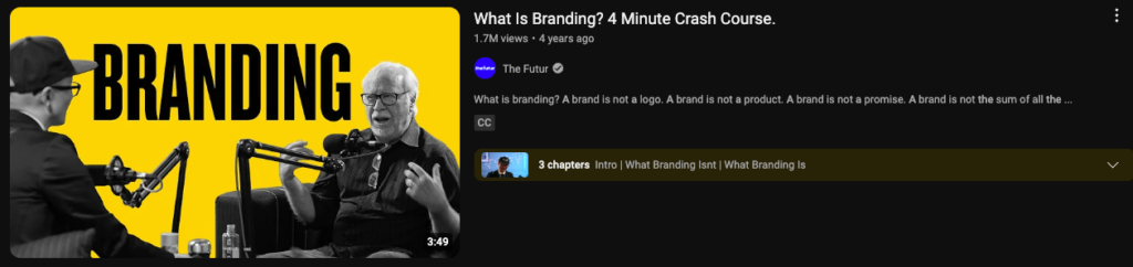 YouTube thumbnail from The Futur, displaying 'What Is Branding? 4 Minute Crash Course' with a bright yellow background and two speakers.