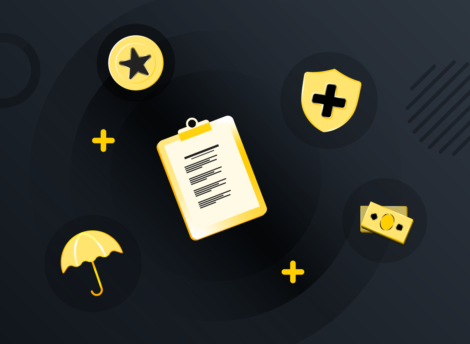 black background with yellow icons indicating different employee benefits.