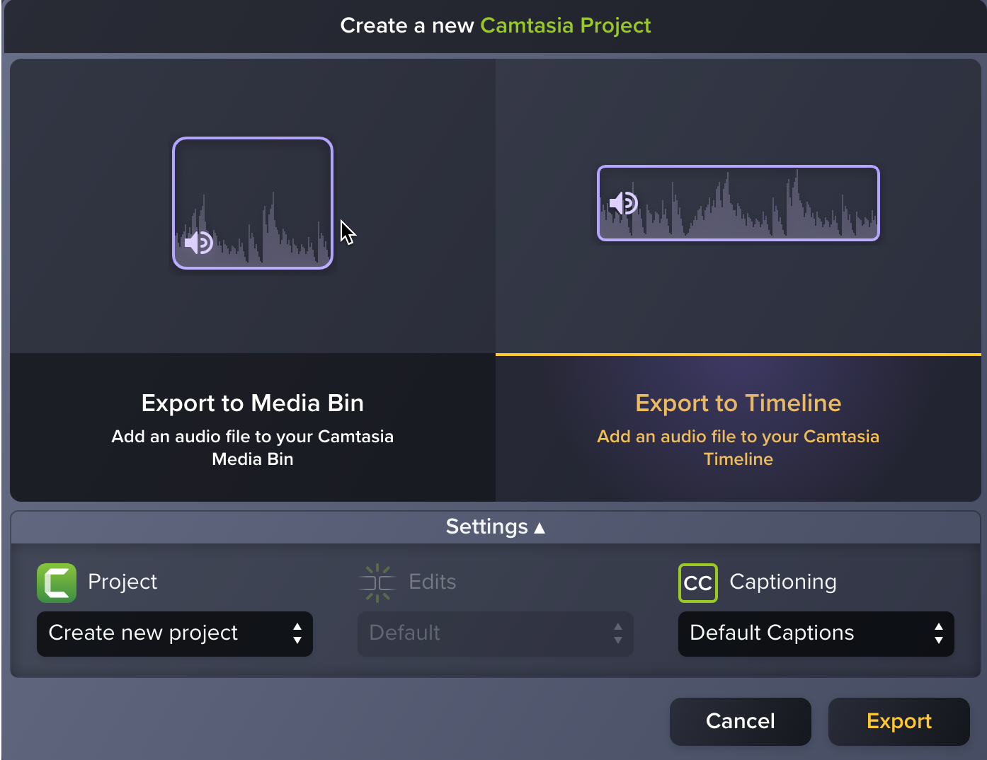 Export to Camtasia options in Audiate