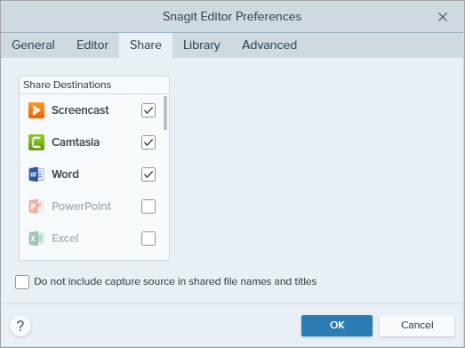 Snagit for Windows の [共有の環境設定] ダイアログ