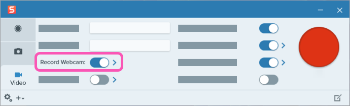 Webcam toggle and options arrow in Snagit Capture window