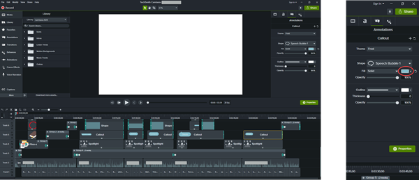 Screenshot of Camtasia video editing software interface displaying a timeline with multiple tracks and annotations, along with a properties panel on the right for customizing callouts and other elements.