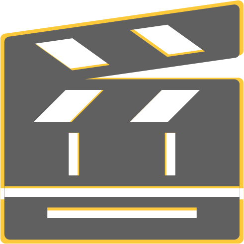 Icon of a gray clapperboard with yellow accents, commonly used to represent video production or filmmaking.