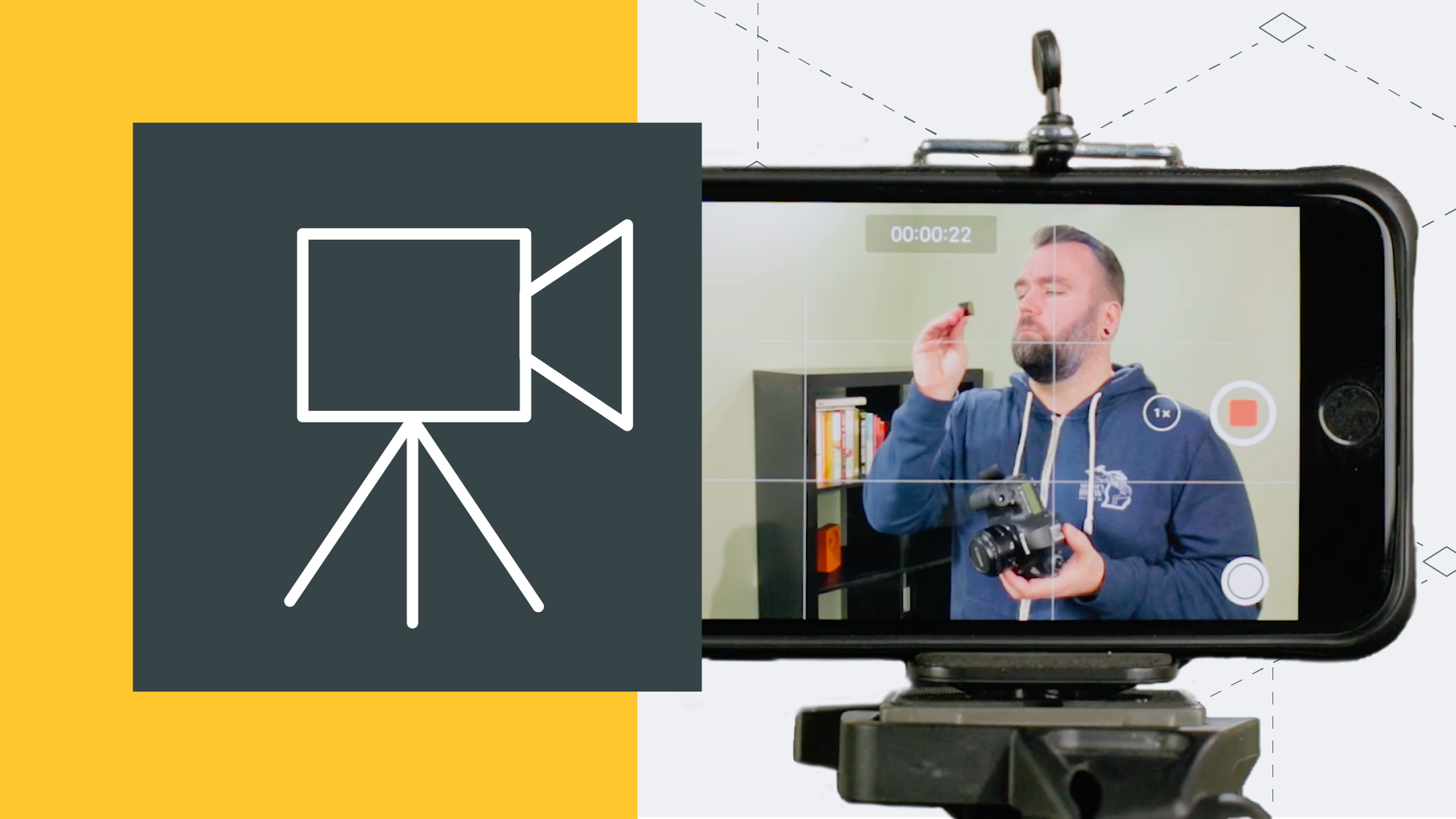 Split-screen design with a yellow background and a camera icon on a tripod on the left, paired with a smartphone screen showing a video recording of a man holding a camera on the right, set against a light gray background with geometric patterns