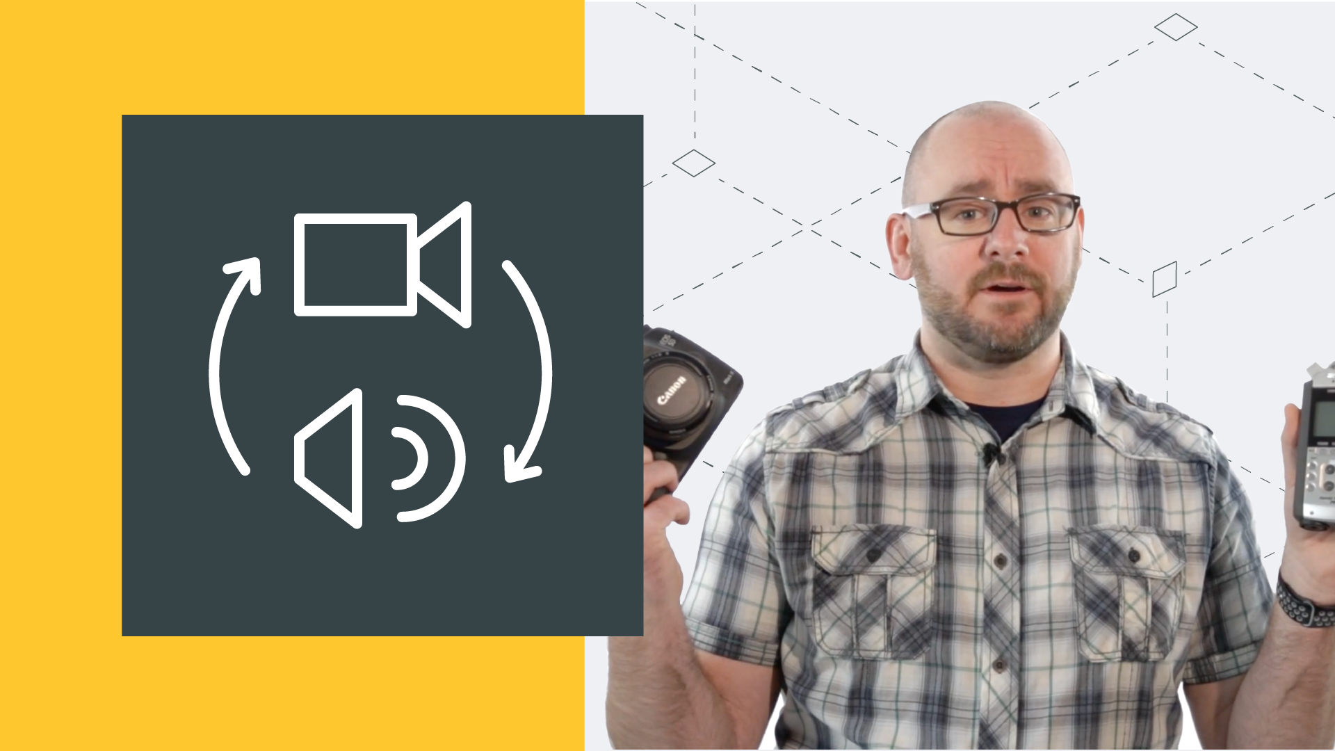 Split-screen design with a yellow background and an icon depicting a camera and speaker connected by circular arrows on the left, paired with a person wearing glasses and a plaid shirt holding a camera and an audio recorder on the right, set against a light gray background with geometric patterns.