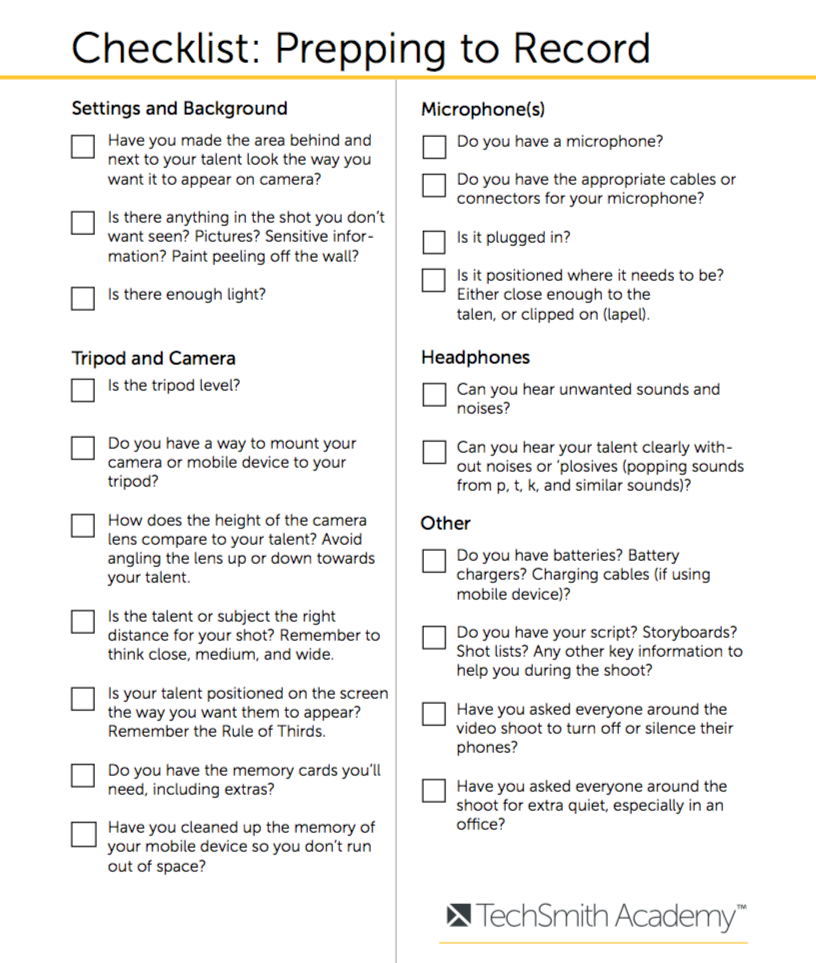 Checklist titled 'Prepping to Record,' featuring sections for 'Settings and Background,' 'Tripod and Camera,' 'Microphone(s),' 'Headphones,' and 'Other,' with checkboxes for tasks like ensuring proper lighting, microphone setup, and memory card preparation, created by TechSmith Academy.