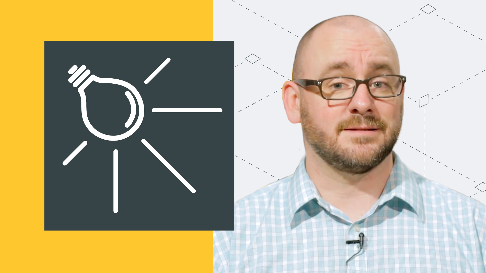 Split-screen design with a yellow background and an icon of a light bulb emitting rays on the left, paired with a person wearing glasses and a light blue checkered shirt on the right, set against a light gray background with geometric patterns.