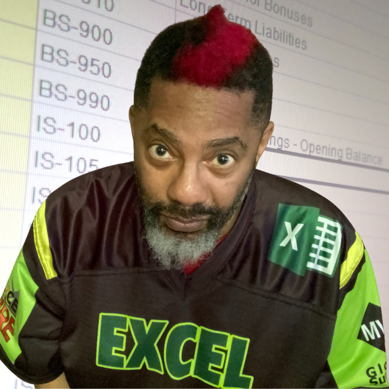 A person with a red and black mohawk, wearing a black and green jersey with the word 'EXCEL' prominently displayed, standing in front of a spreadsheet background.