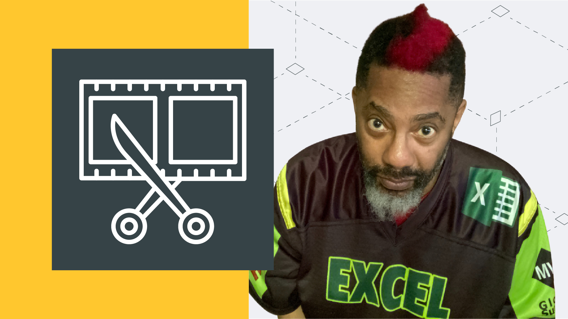 Split-screen design featuring a yellow background with a filmstrip and scissors icon on the left, and a person with a red and black mohawk wearing an 'EXCEL' jersey on the right, standing in front of a light gray background with geometric patterns.