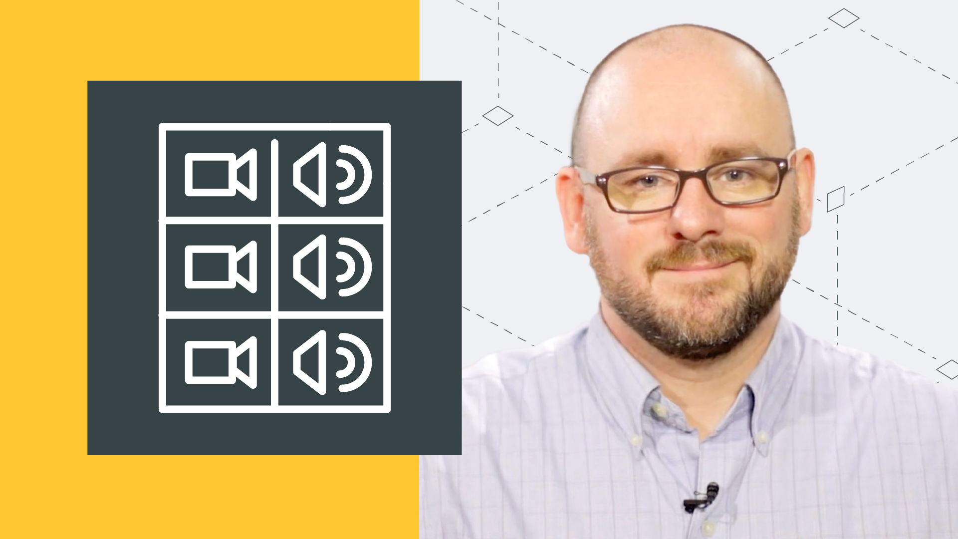 Split-screen design with a yellow background and an icon representing video and audio elements arranged in a grid on the left, paired with a person wearing glasses and a light-colored shirt on the right, set against a light gray background with geometric patterns.