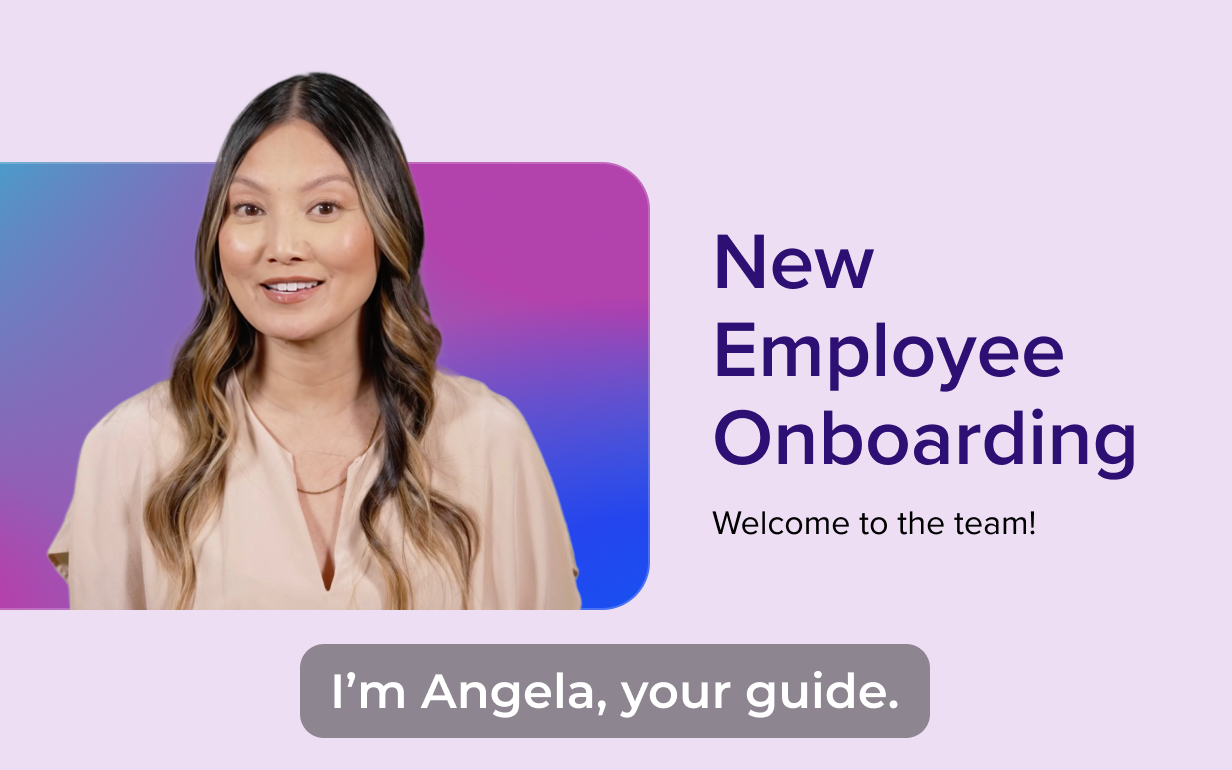 Human looking AI avatar on a slide labeled "new employee onboarding"