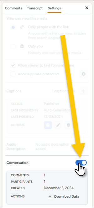 Screenshot of the Settings panel with the Conversation toggle highlighted